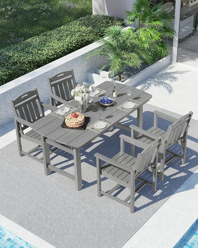 Ciokea HDPE Outdoor Dining Set, 5-Piece Patio Table and Chairs Set with Umbrella Hole, All-Weather Patio Dining Sets for 4, Durable Patio Furniture for Backyard, Garden, Lawn & Poolside, Grey
