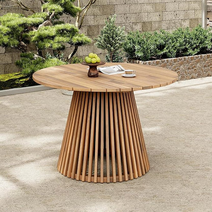 Merax Outdoor Dining Table 47.25" Round Extra-Large Acacia Wood Patio Dining Table for Backyard Lawn Balcony, Aesthetic Slat Base Design, Light Teak