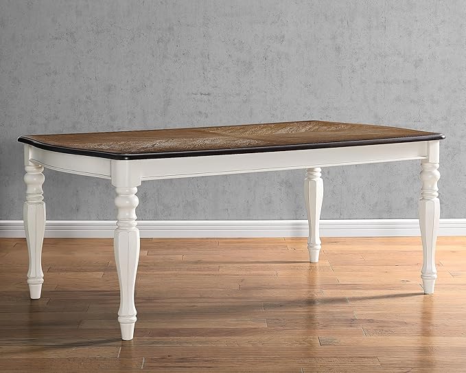Roundhill Furniture Belleza French Country 74" Width Wood Dining Table, Table for 6, Antique White and Weathered Oak Finish