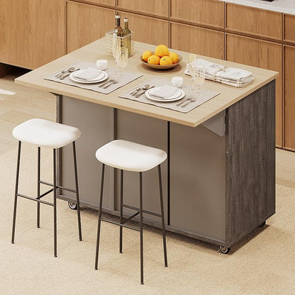 51.2"W Geometric Twill Stripe Textured Design Island with Drop Leaf, Farmhouse Kitchen Cart on Wheels with Internal Storage Rack, Rolling Kitchen Cart with Towel Rack (Brown@044)