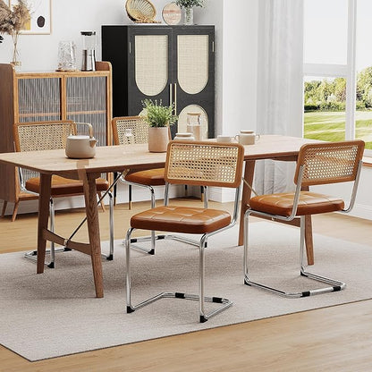 Alunaune Modern Mid Century Brown Dining Chairs Set of 2, Upholstered Natural Rattan Kitchen Chairs, Armless Accent Chair Side Chairs with Metal Chrome Legs for Bedroom Living Room-PU Seat