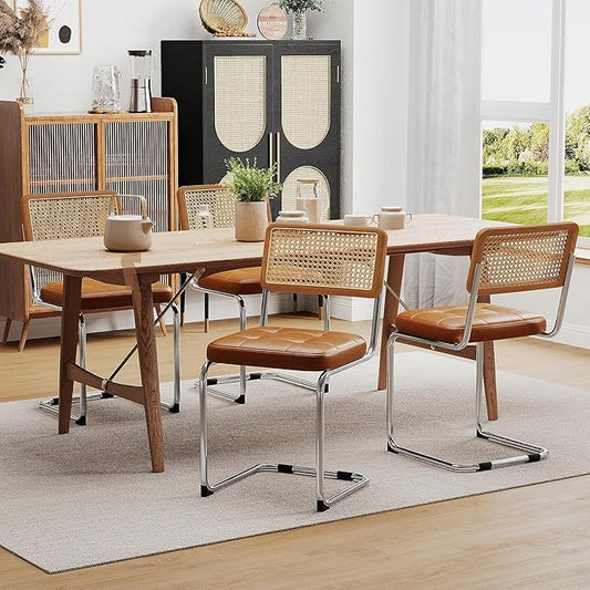 Alunaune Modern Mid Century Brown Dining Chairs Set of 4, Upholstered Natural Rattan Kitchen Chairs, Armless Accent Chair Side Chairs with Metal Chrome Legs for Bedroom Living Room-PU Seat