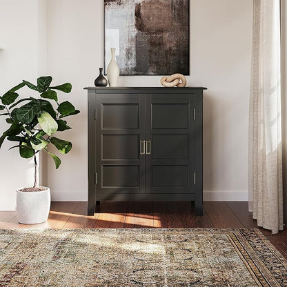 SIMPLIHOME Burlington Storage Cabinet - 30 inch Wide Solid Wood 2 Door Low Storage Unit in Black, Transitional Accent Cabinet for Living Room or Entryway with Adjustable Shelves