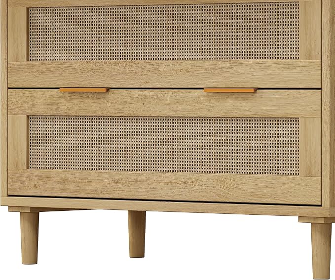 GDFStudio 31.5" Rattan Storage Cabinet with 3 Drawers, Modern Farmhouse Sideboard Buffet Cabinet, Wood Credenza Console Table for Living Room Dining Room Kitchen Hallway, Easy Assembly, Oak
