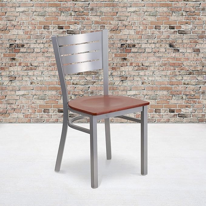 Flash Furniture 2 Pk. HERCULES Series Silver Slat Back Metal Restaurant Chair - Cherry Wood Seat