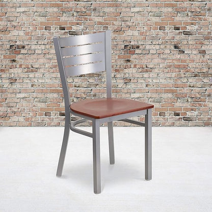 Flash Furniture 2 Pk. HERCULES Series Silver Slat Back Metal Restaurant Chair - Cherry Wood Seat