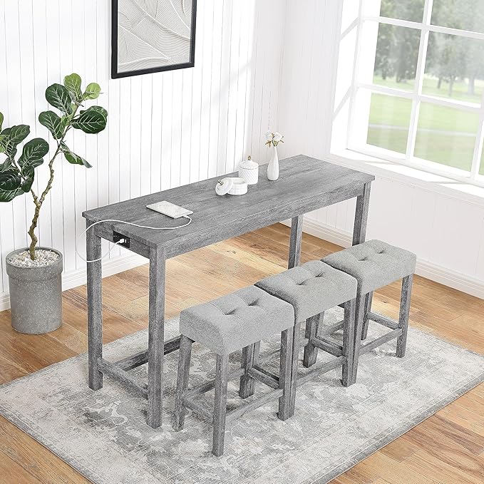 4-Piece Farmhouse Kitchen Table Stool Set with Power Outlets, Industrial Dining Tables with 3 Upholstered Stools, Wooden Counter Table Chairs w/Charging Station&2 USB Ports, Gray+Gray