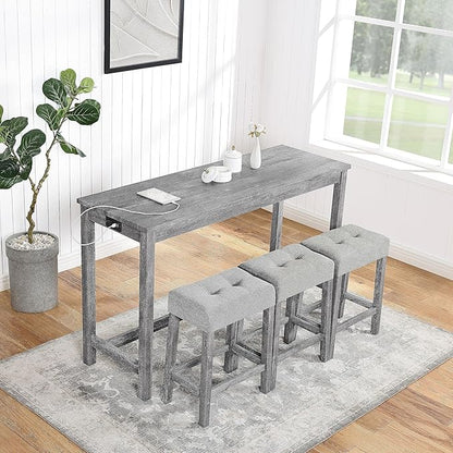 4-Piece Farmhouse Kitchen Table Stool Set with Power Outlets, Industrial Dining Tables with 3 Upholstered Stools, Wooden Counter Table Chairs w/Charging Station&2 USB Ports, Gray+Gray