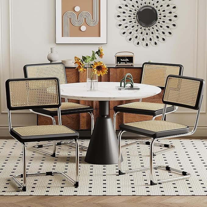 Alunaune Mid Century Modern Black Dining Chairs Set of 4, Upholstered Natural Rattan Kitchen Chairs, Armless Accent Chair Side Chairs with Metal Chrome Legs for Bedroom Living Room-Rattan Seat