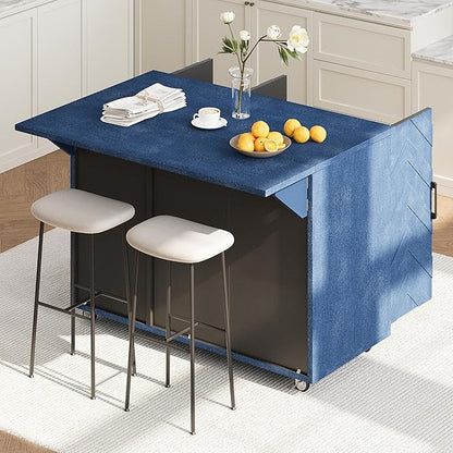 GOWE K&K 51.2" W 3D Wave Stripes Ash Veneer(Not Cheap Paper) Kitchen Island with Drop Leaf, Farmhouse Kitchen Island on Wheels with Internal Storage Rack, Rolling Kitchen Cart (Navy Blue)