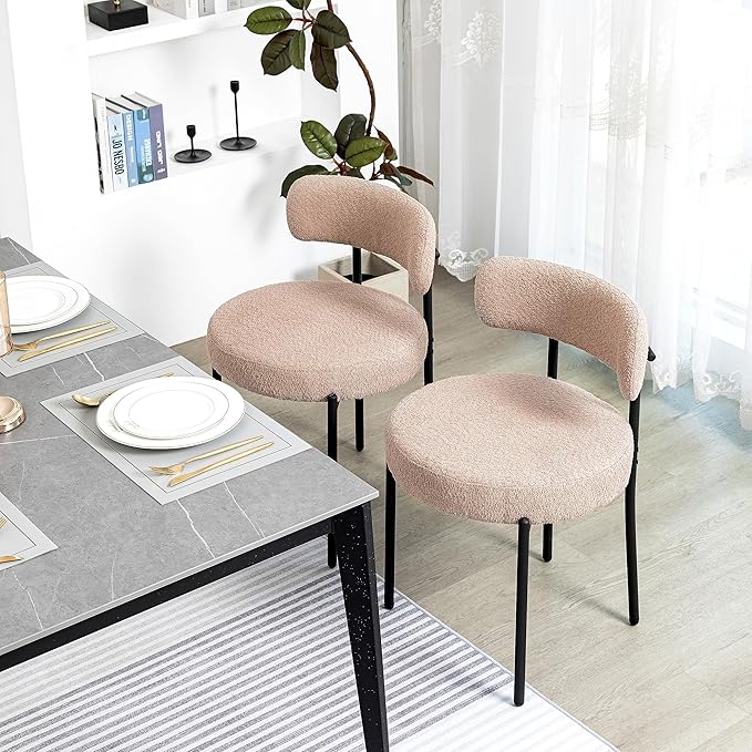 DYHOME Kitchen Chairs Mid-Century Modern Dining Chairs Set of 6, Kitchen Dining Room Chairs, Boucle Upholstered Wishbone Dining Chair, Camel Color