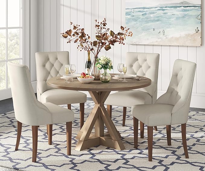 Finch Alfred Solid Wood Round Dining Table for 4, Farmhouse Kitchen and Dining Room Table with Rustic Pedestal Trestle Base, 46.5 Inch, Distressed Beige