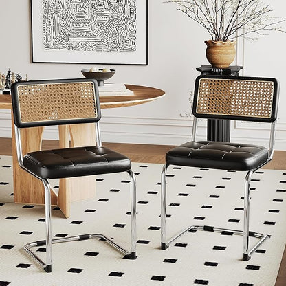 Alunaune Mid Century Modern Dining Chairs Set of 4, Upholstered Natural Rattan Kitchen Accent Chair, Armless Side Chairs with Metal Chrome Legs for Bedroom Living Room-Black, PU Seat