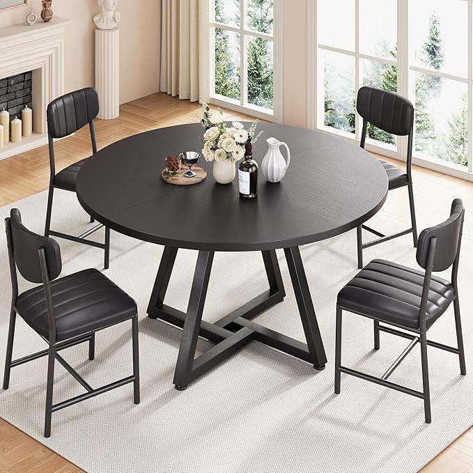 Jocoevol 42“ Round Kitchen Dining Room Table for 2-4, Circle Dining Dinner Table with Pedestal Metal Frame, Space Saving Wood Industrial Furniture for Small Space (Black, 42IN)