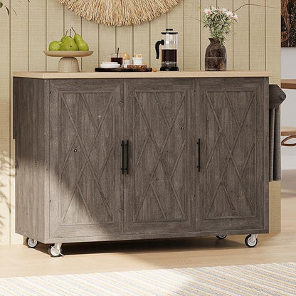 51.2"W Geometric Twill Stripe Textured Design Island with Drop Leaf, Farmhouse Kitchen Cart on Wheels with Internal Storage Rack, Rolling Kitchen Cart with Towel Rack (Brown@044)