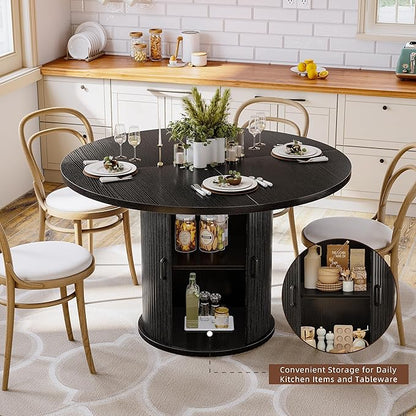 47 Inch Round Dining Table for 4-6 Round Table Kitchen Modern Round Dining Room Table with 2-Layer Storage Shelf and Wood Slide Door Circle Kitchen Tables for Dining Room Black