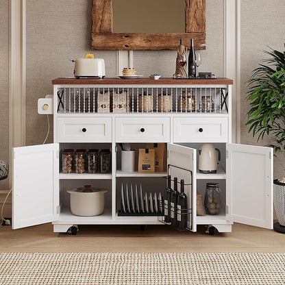 RUNNA 46.5'' Farmhouse Kitchen Island with Drape of Beads,Power Outlet,Rolling Kitchen Cart on Wheels with Drop Leaf, 3 Doors,3 Drawers and Internal Iron Shelf,Dining Room (White@72)