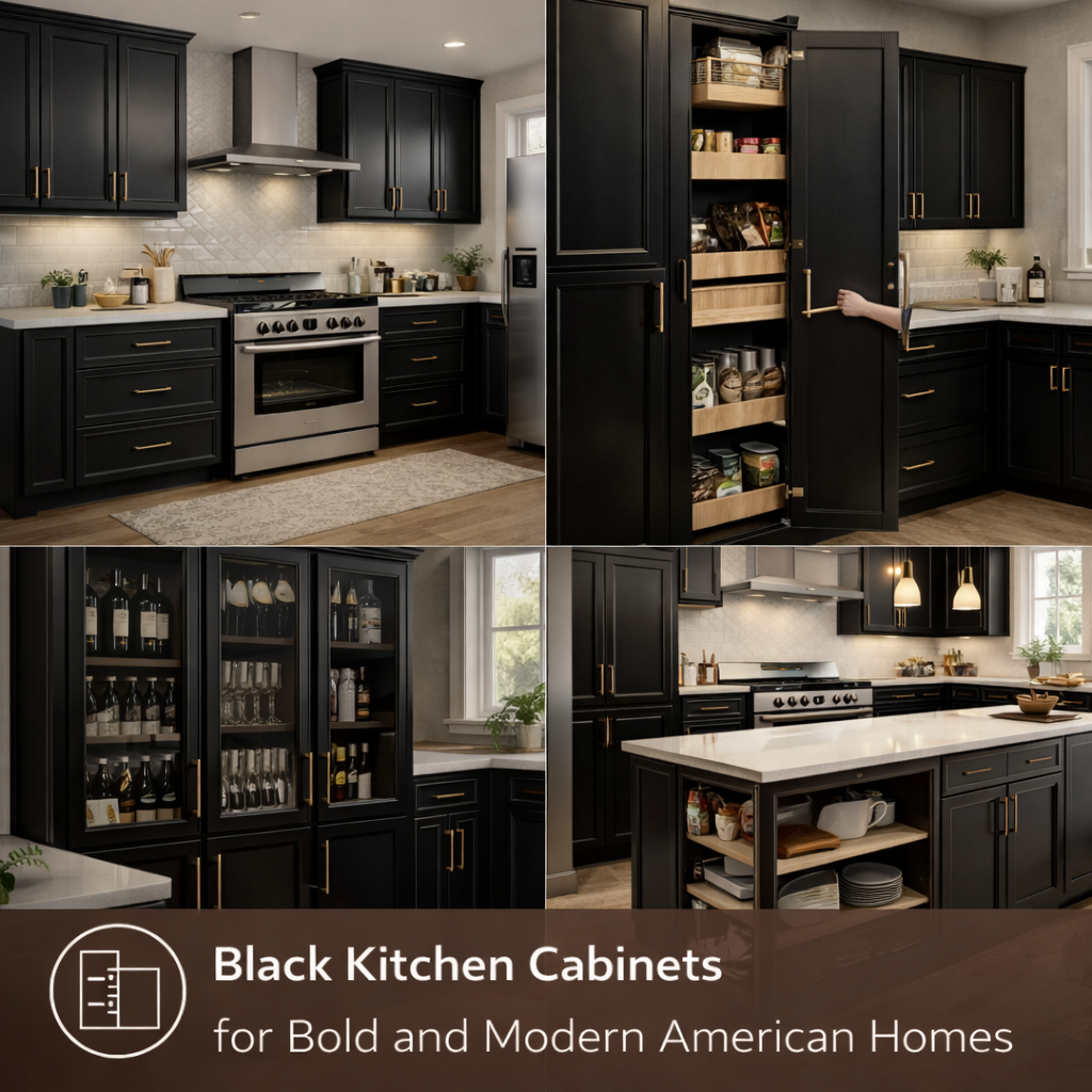 Collage of black kitchen cabinets with various views including a fully open pantry.