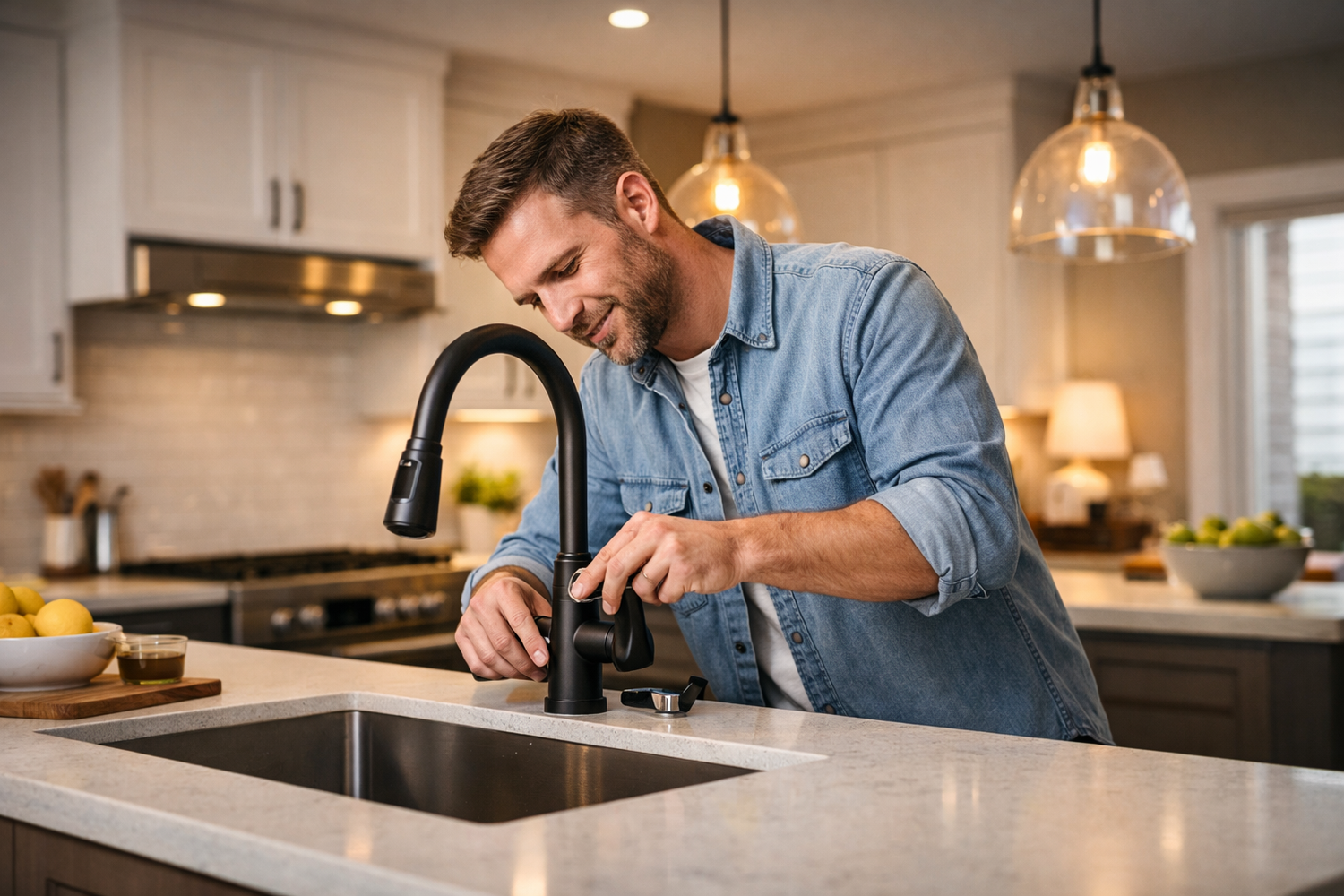 Man adjusting a kitchen faucet in a modern kitchen.