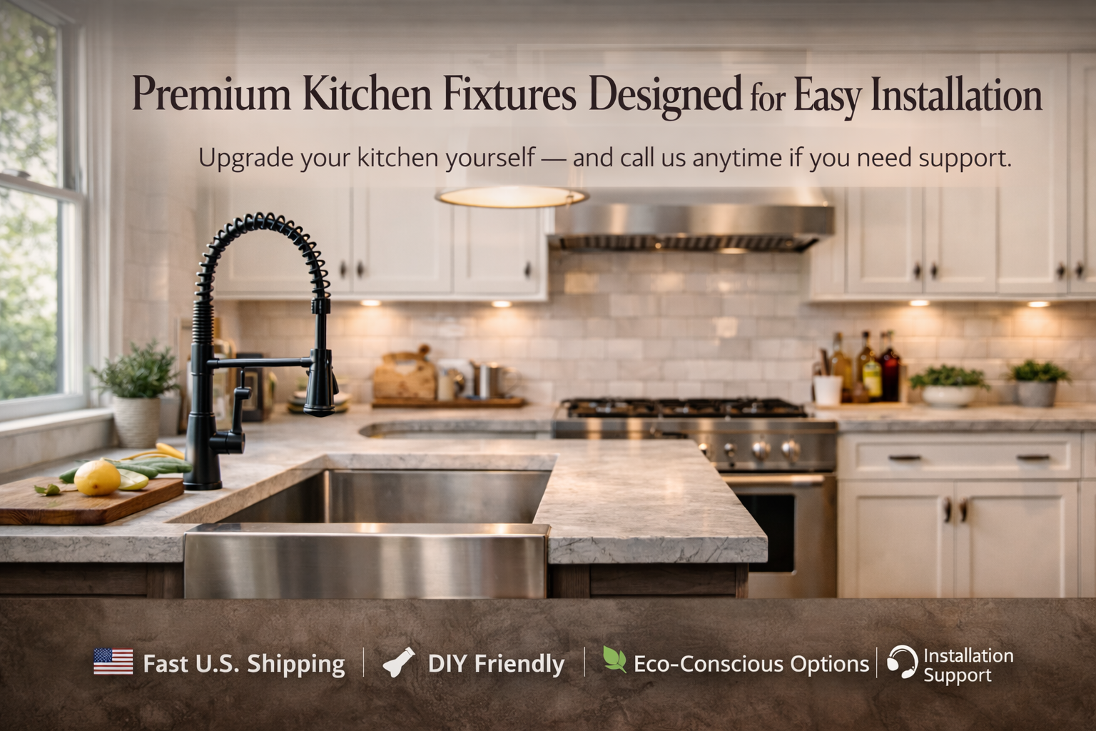 Modern kitchen with black faucet and stainless steel appliances, featuring text about premium kitchen fixtures.