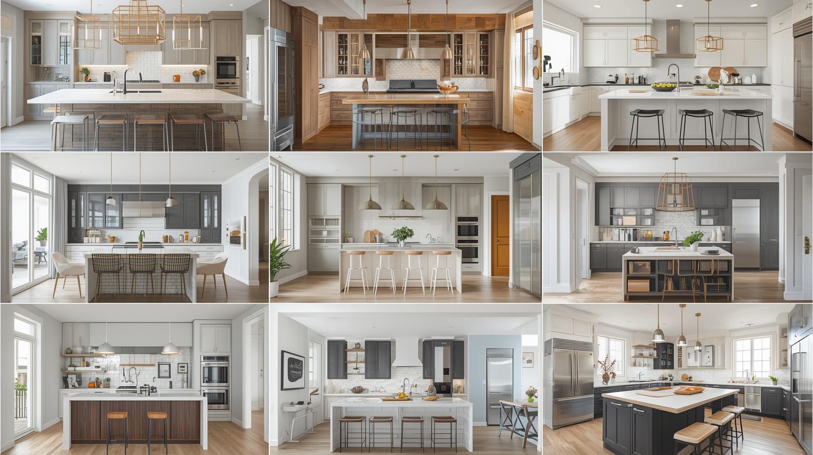 Collage of various modern kitchen designs with different layouts and appliances.