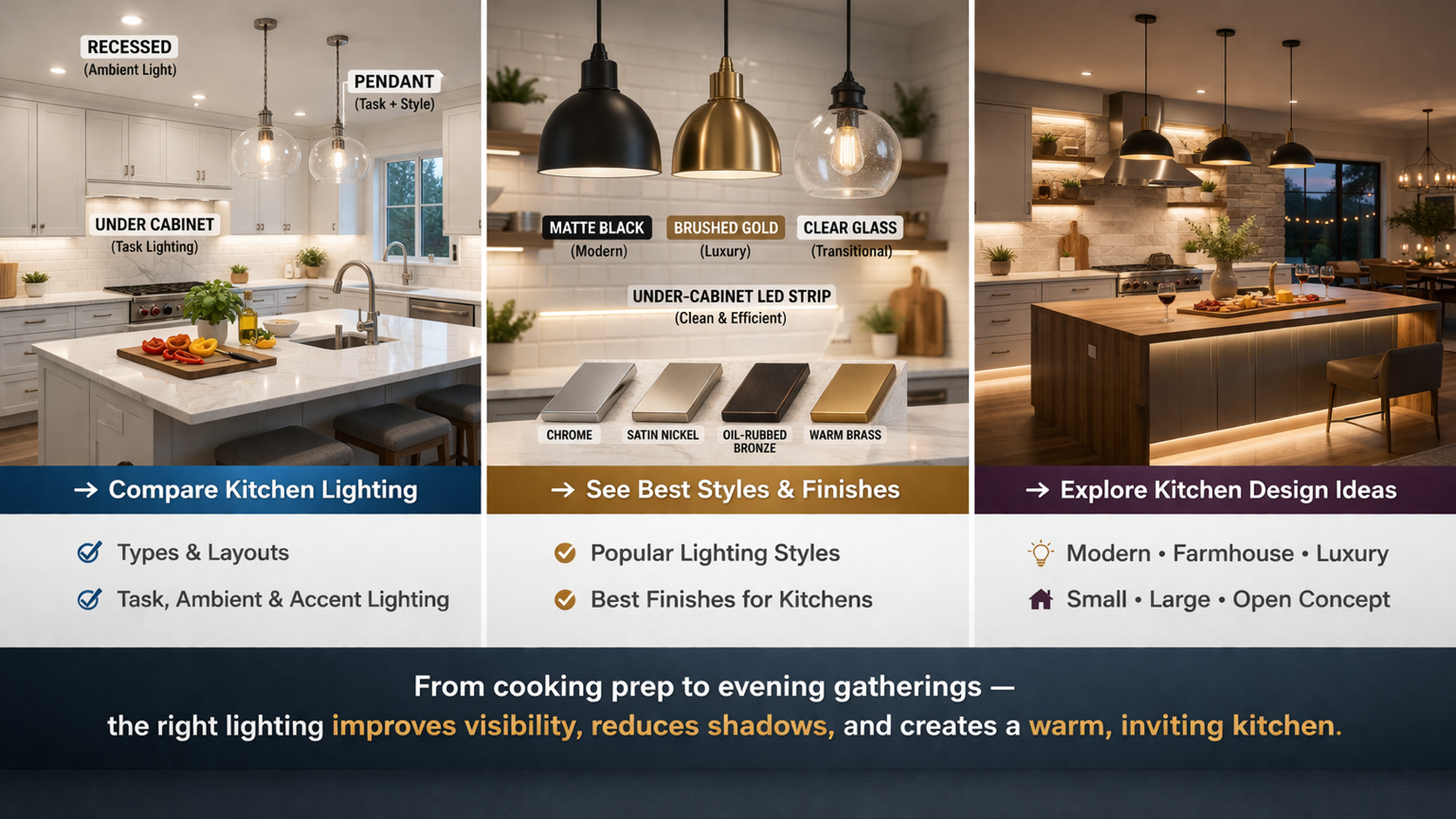 Kitchen lighting comparison with different styles and finishes.