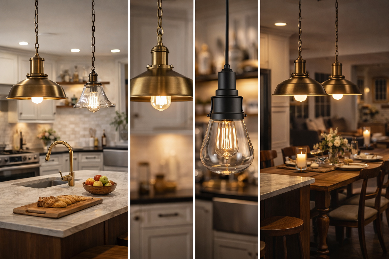 Collage of a pendant light fixture in various settings including a kitchen and dining area.