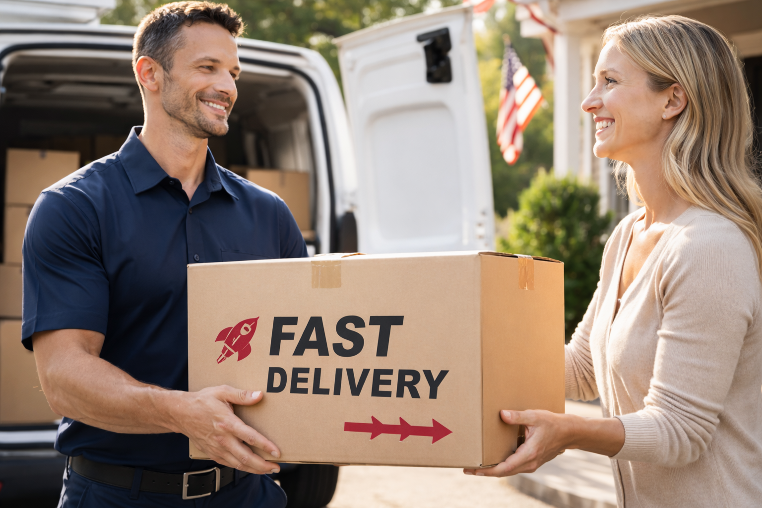 Man and woman exchanging a cardboard box labeled 'Fast Delivery' in front of a delivery van.