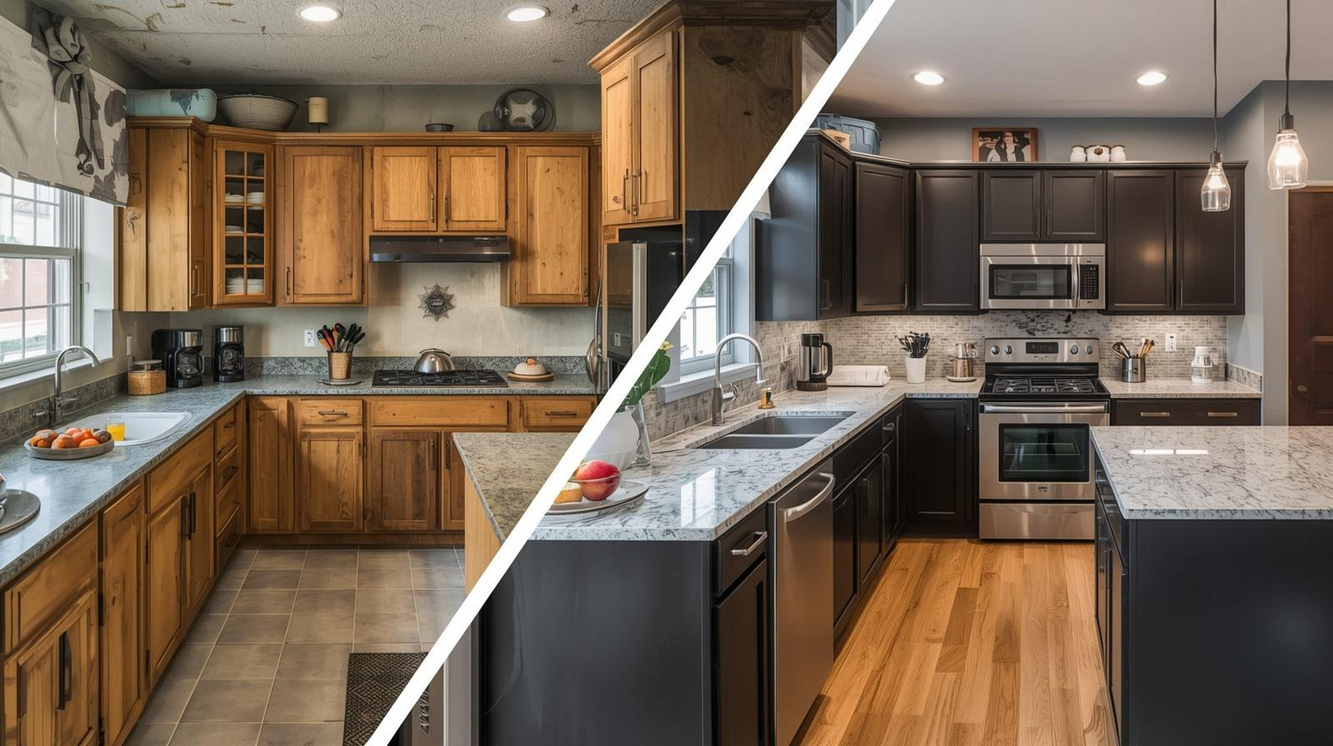 Side-by-side comparison of a traditional kitchen with wooden cabinets and a modern kitchen with black cabinets.