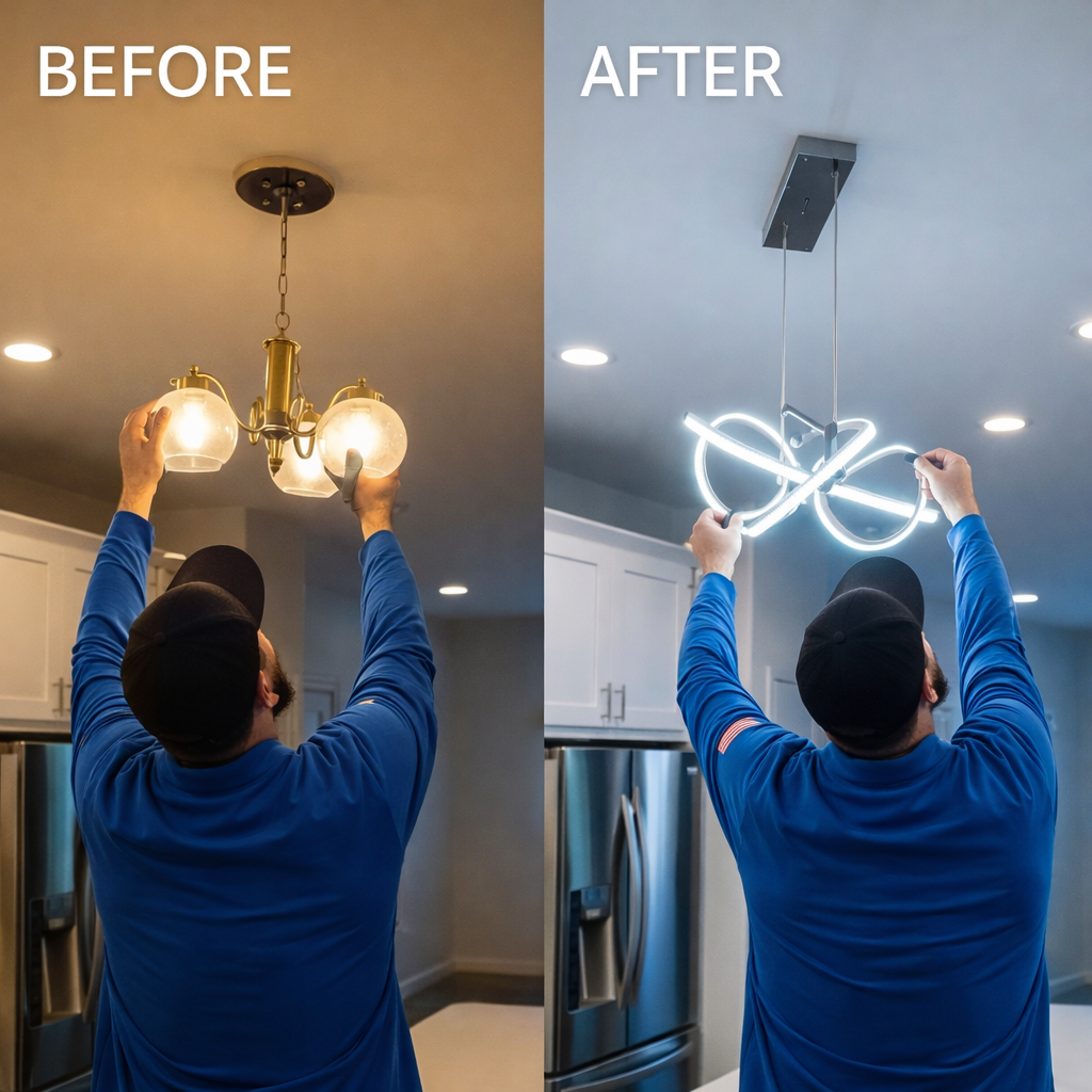 Before and after comparison of a person installing new lighting fixtures.