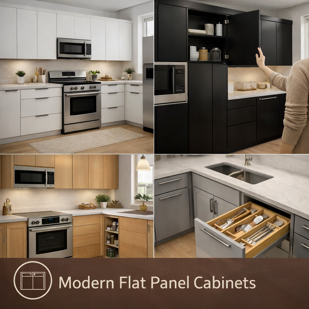 Collage of modern flat panel cabinets in various colors and styles.